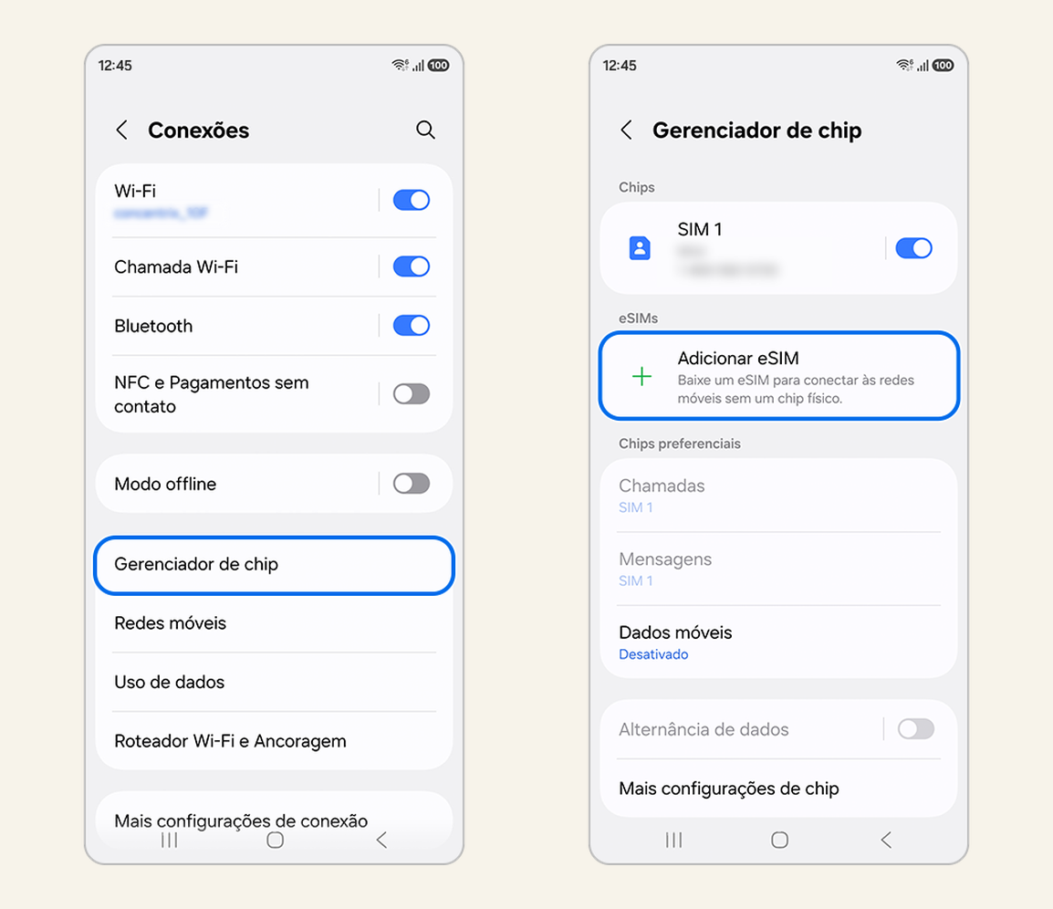 Telas da página oficial da Samsung Brasil. O menu se chama Gerenciador de chip, e é nele que o eSIM da viagem aparece ao lado do chip de sempre. Duas telas do Samsung Galaxy em português: Conexões, com Gerenciador de chip destacado, e Gerenciador de chip, com Adicionar eSIM destacado
