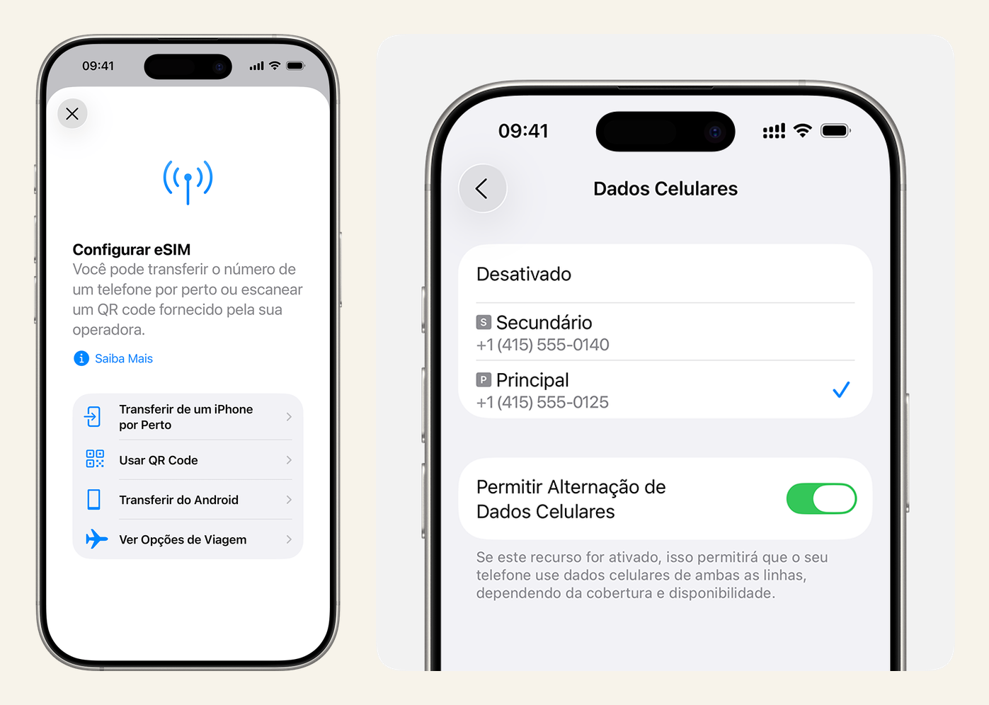 Telas do suporte da Apple, iOS 26. À esquerda, onde começa a instalação; à direita, onde você escolhe no destino qual linha entrega a internet. Duas telas do iPhone em português: Configurar eSIM, com a opção Usar QR Code, e Dados Celulares, com a escolha da linha