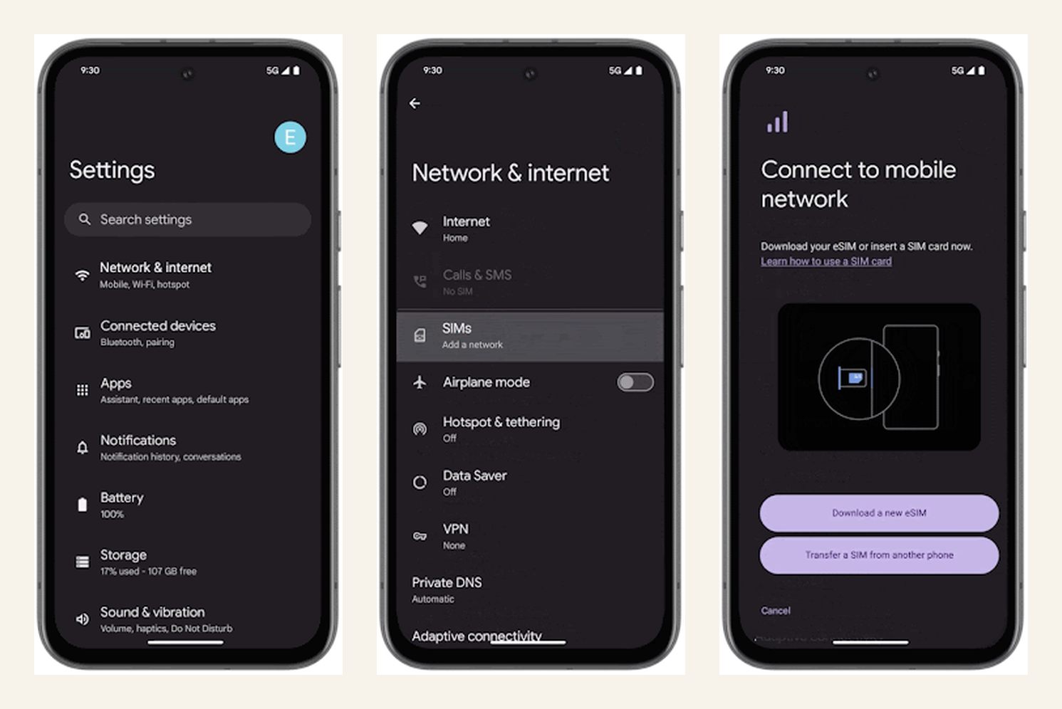 Três telas do Google Pixel: Configurações, Rede e Internet com Chips destacado, e Conectar a uma rede móvel