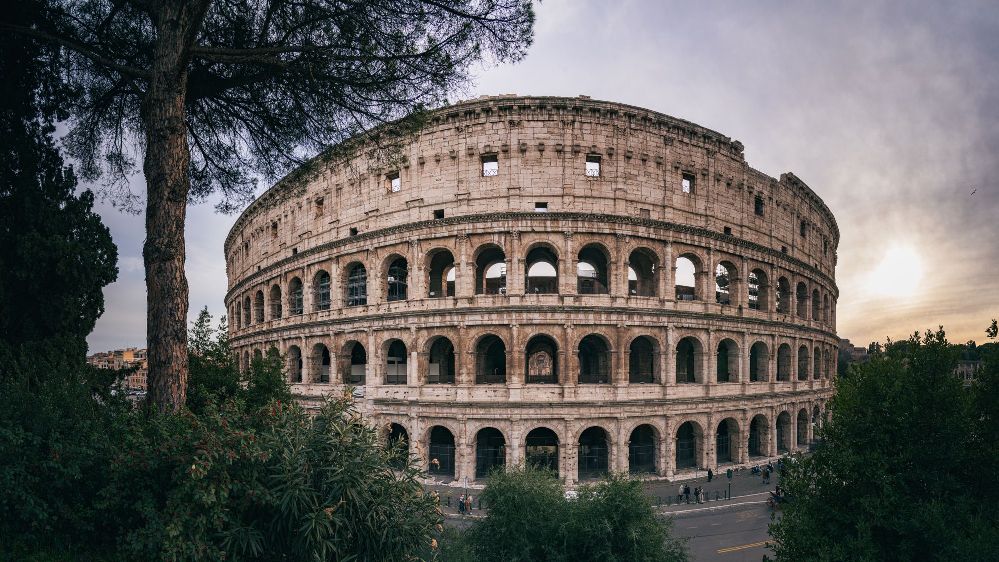 O Colosseo, em Roma, visto do alto entre pinheiros, com o sol se pondo à direita