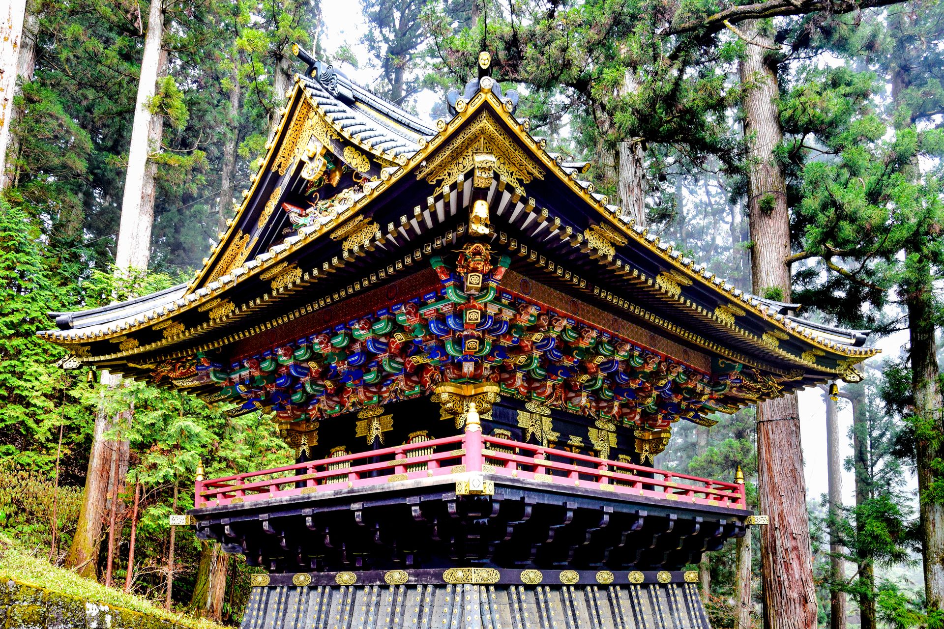 O santuário ornamentado de Nikko entre cedros altos